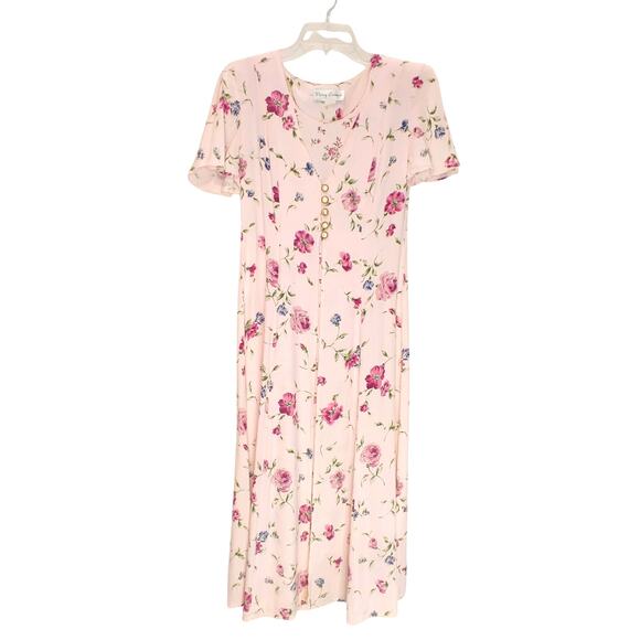 Betsy Lauren Floral Midi Dress Layered Button Front Layered Pink Vintage Size 10 - Picture 1 of 11